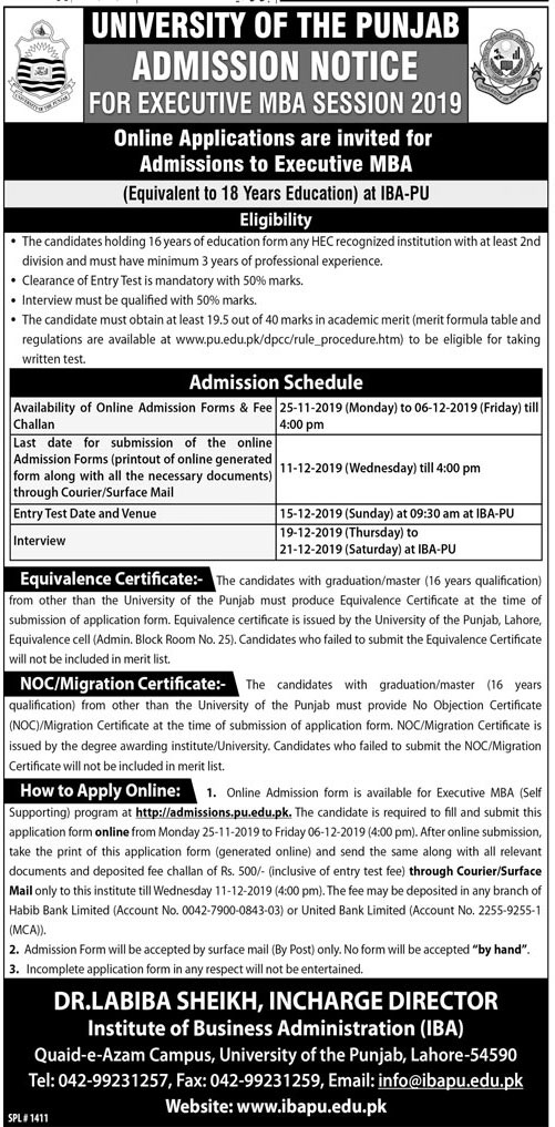 Punjab University PU Lahore Admission 2020 